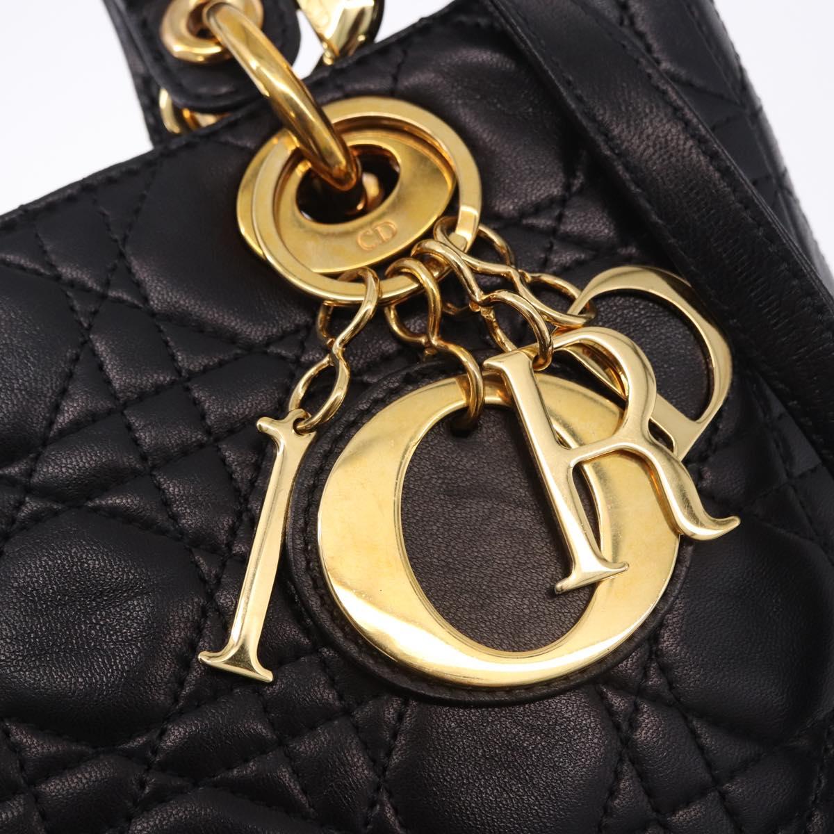 Christian Dior Lady Dior Canage Hand Bag Leather 2way Black Gold Auth ep15594V