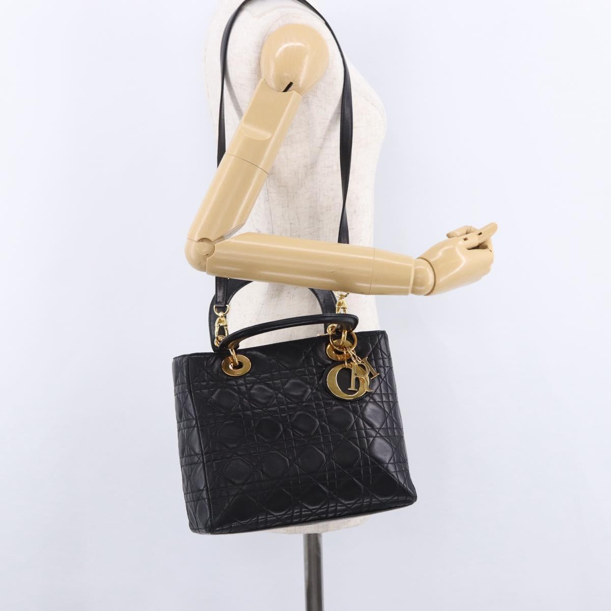 Christian Dior Lady Dior Canage Hand Bag Leather 2way Black Gold Auth ep15594V
