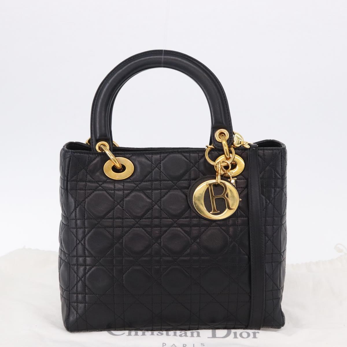 Christian Dior Lady Dior Canage Hand Bag Leather 2way Black Gold Auth ep15594V