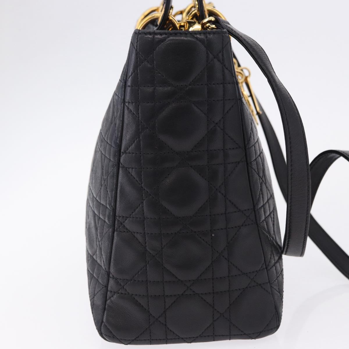 Christian Dior Lady Dior Canage Hand Bag Leather 2way Black Gold Auth ep15594V