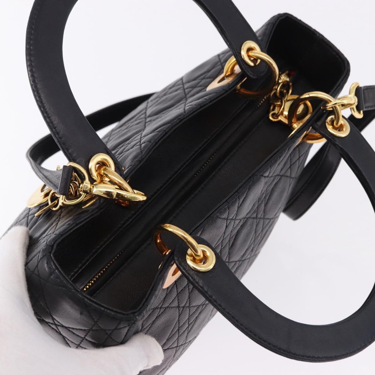 Christian Dior Lady Dior Canage Hand Bag Leather 2way Black Gold Auth ep15594V
