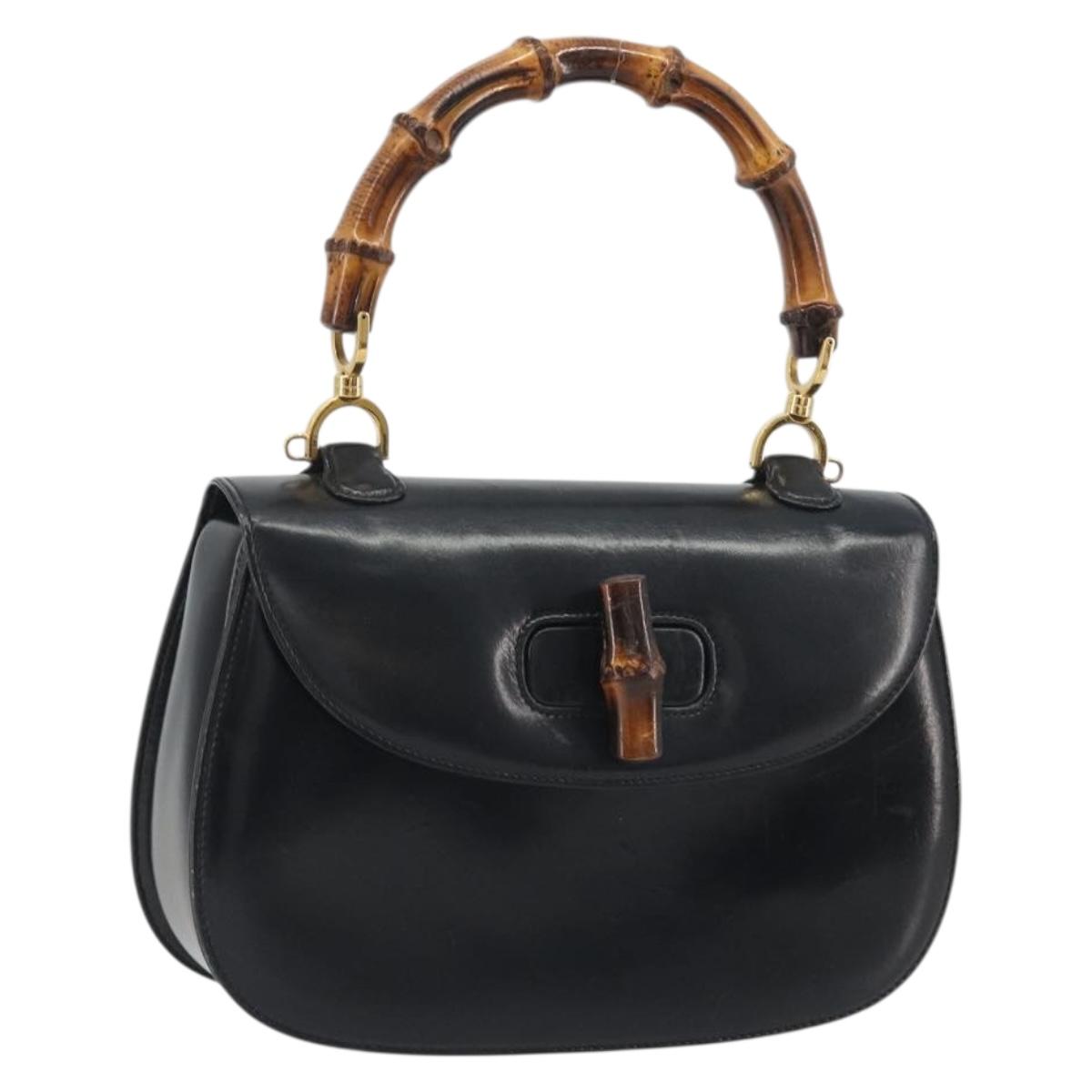 GUCCI Bamboo Hand Bag Leather Black Gold 000 2113 0633 Auth ep15601A