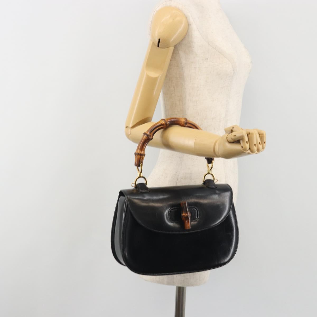 GUCCI Bamboo Hand Bag Leather Black Gold 000 2113 0633 Auth ep15601A