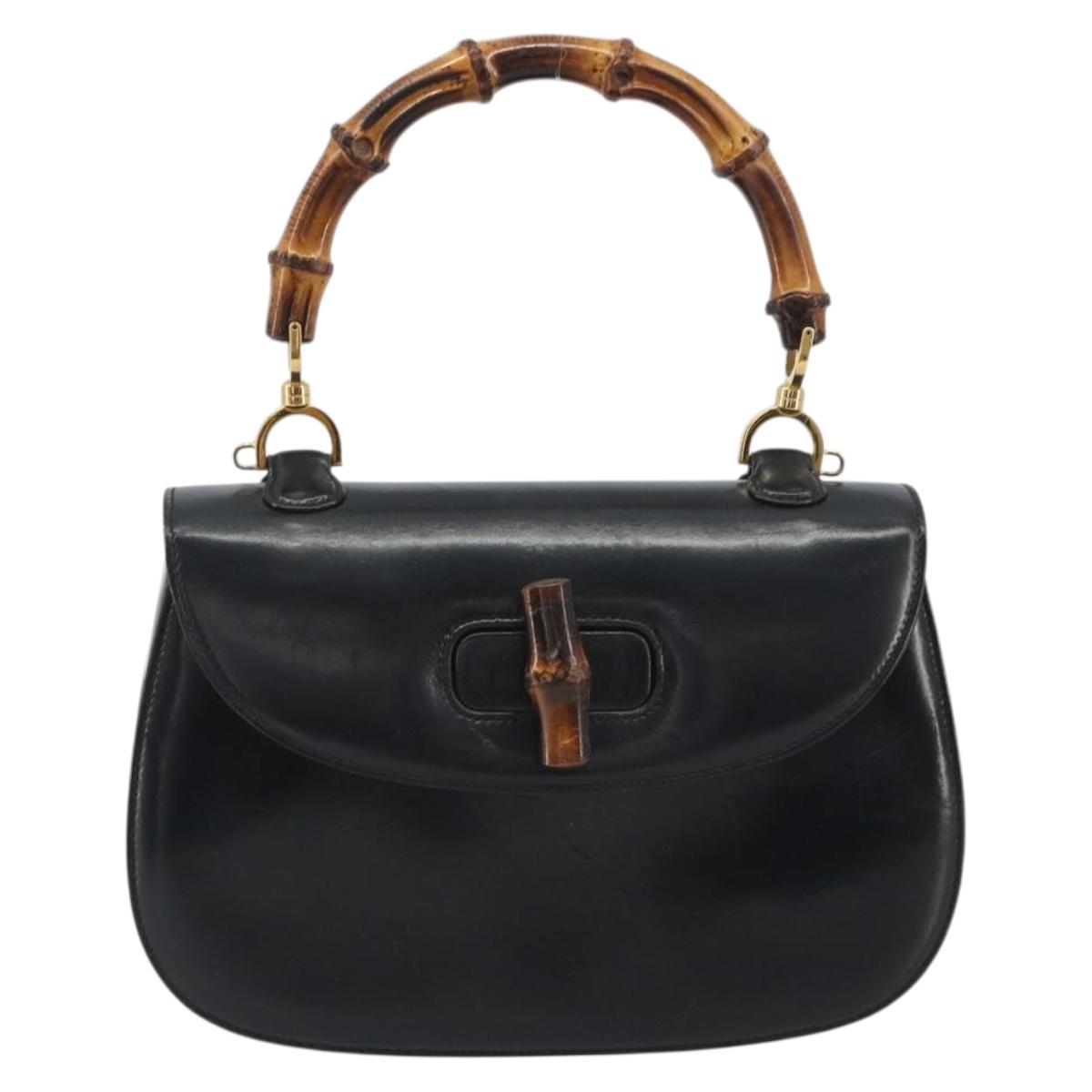 GUCCI Bamboo Hand Bag Leather Black Gold 000 2113 0633 Auth ep15601A