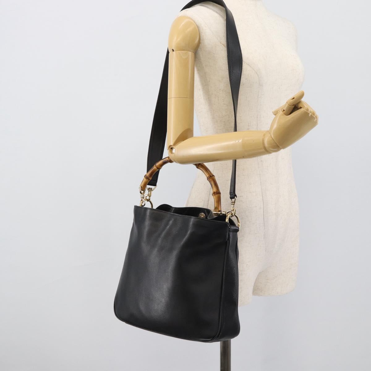 GUCCI Bamboo Shoulder Bag Leather 2way Black Gold 001 1638 3754 Auth ep15614