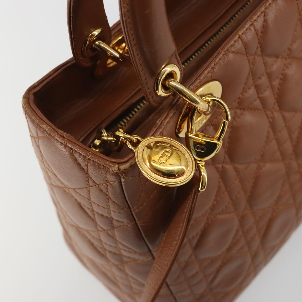 Christian Dior Lady Dior Canage Hand Bag Lamb Skin 2way Brown Gold Auth ep15615V