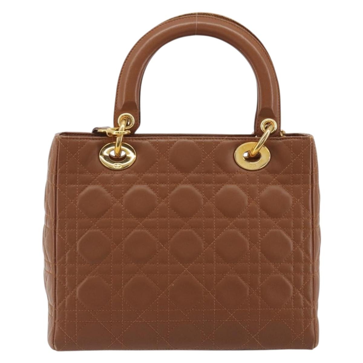 Christian Dior Lady Dior Canage Hand Bag Lamb Skin 2way Brown Gold Auth ep15615V