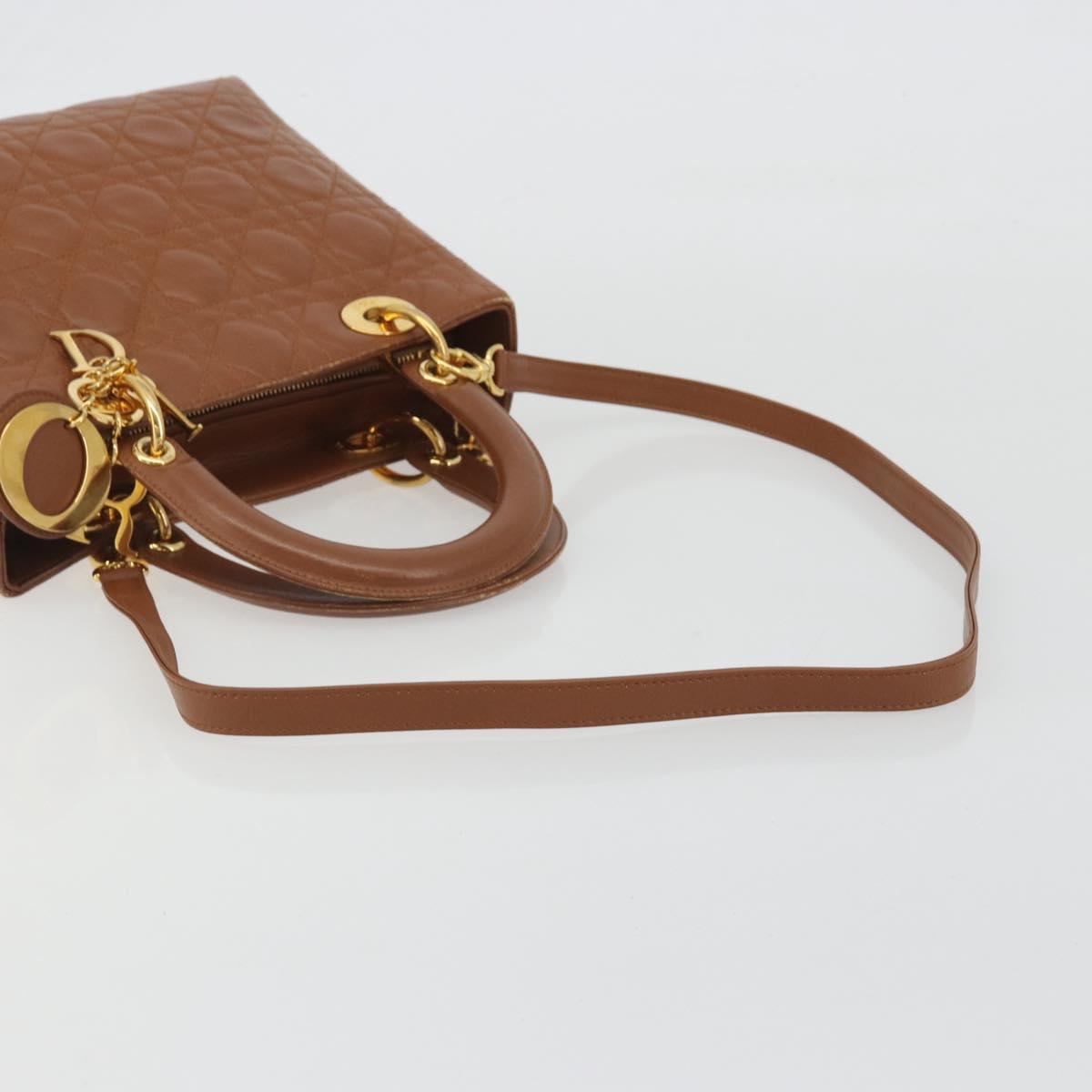 Christian Dior Lady Dior Canage Hand Bag Lamb Skin 2way Brown Gold Auth ep15615V