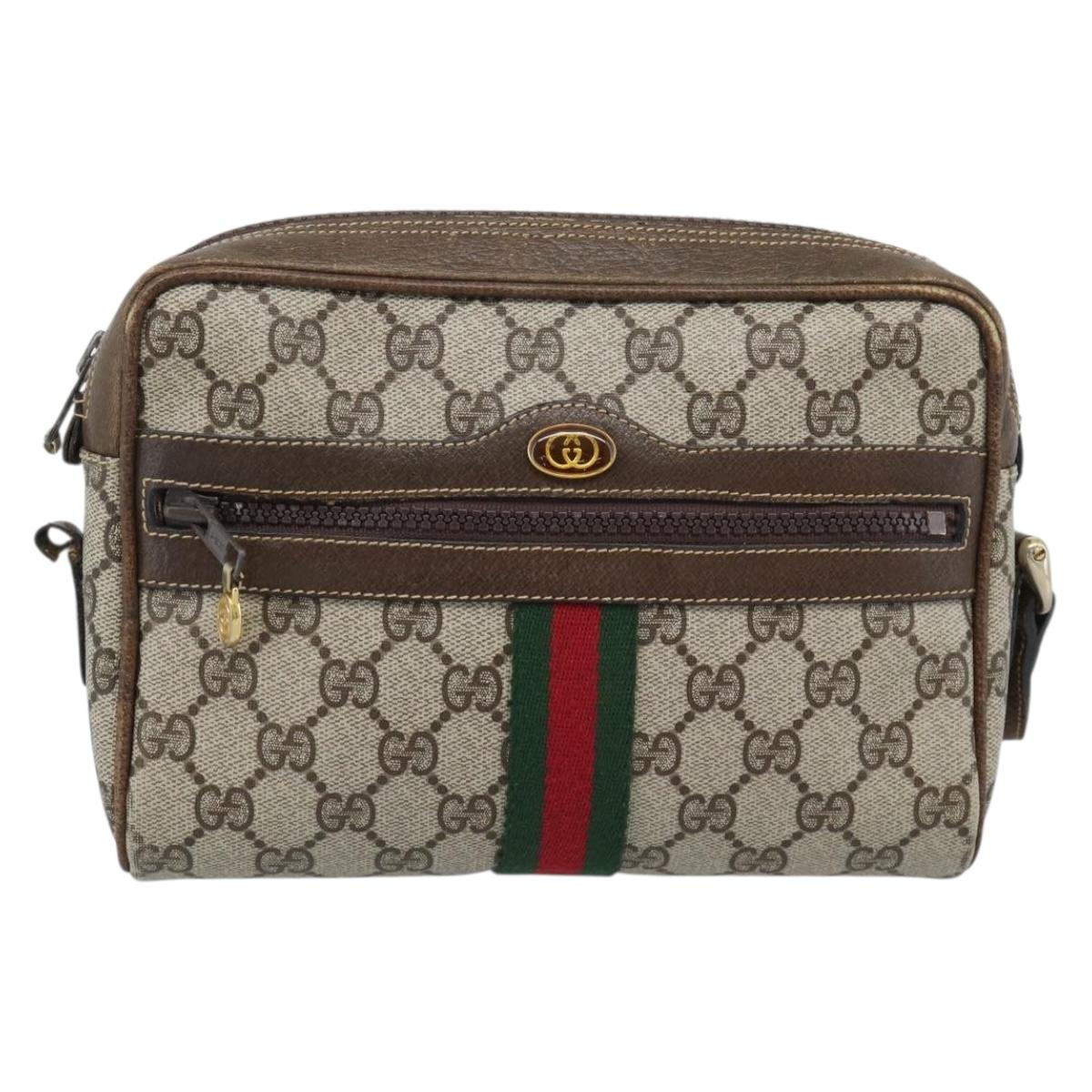 GUCCI GG Supreme Web Sherry Line Shoulder Bag PVC Beige Gold Auth ep15625