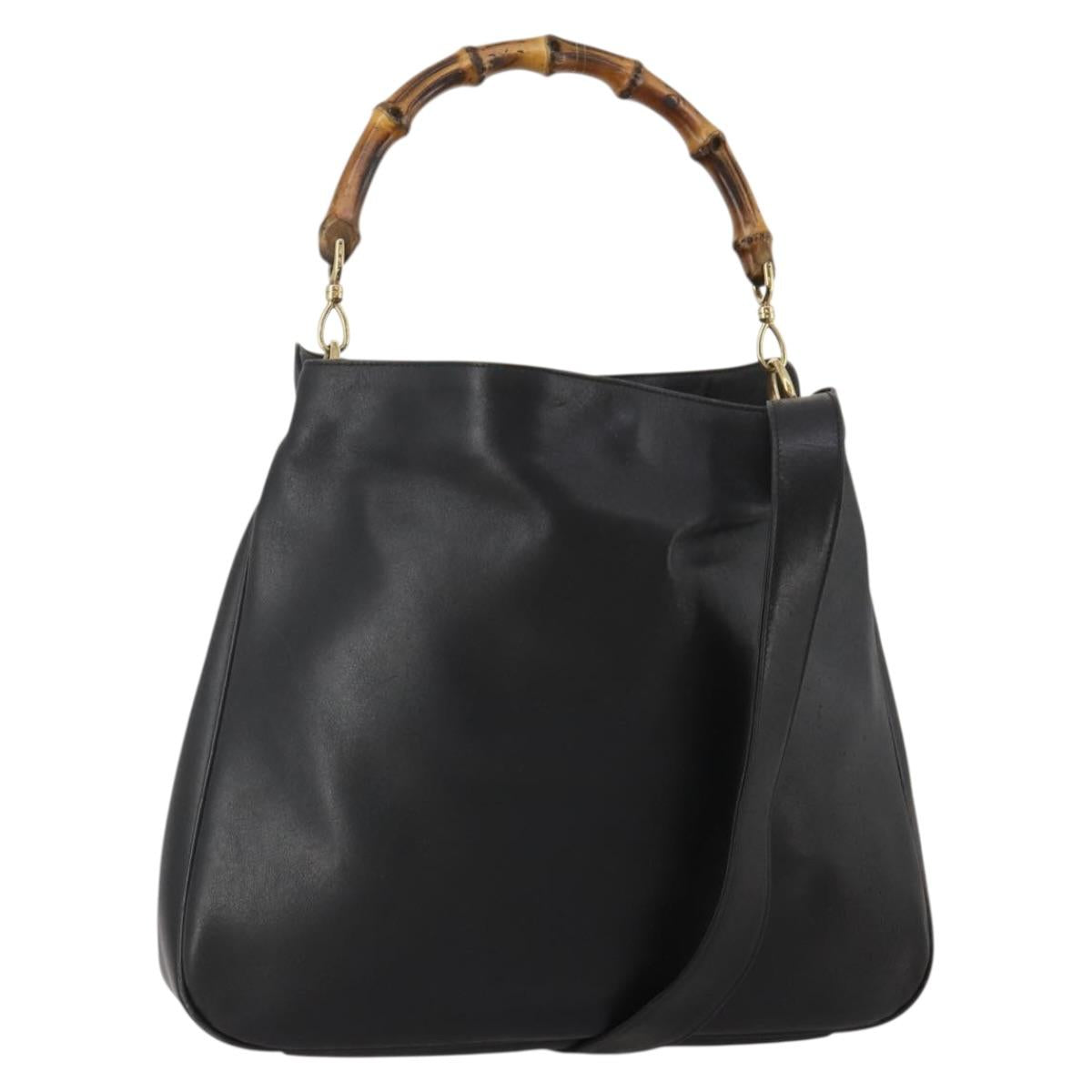 GUCCI Bamboo Hand Bag Leather Black Gold Tone Auth ep15679