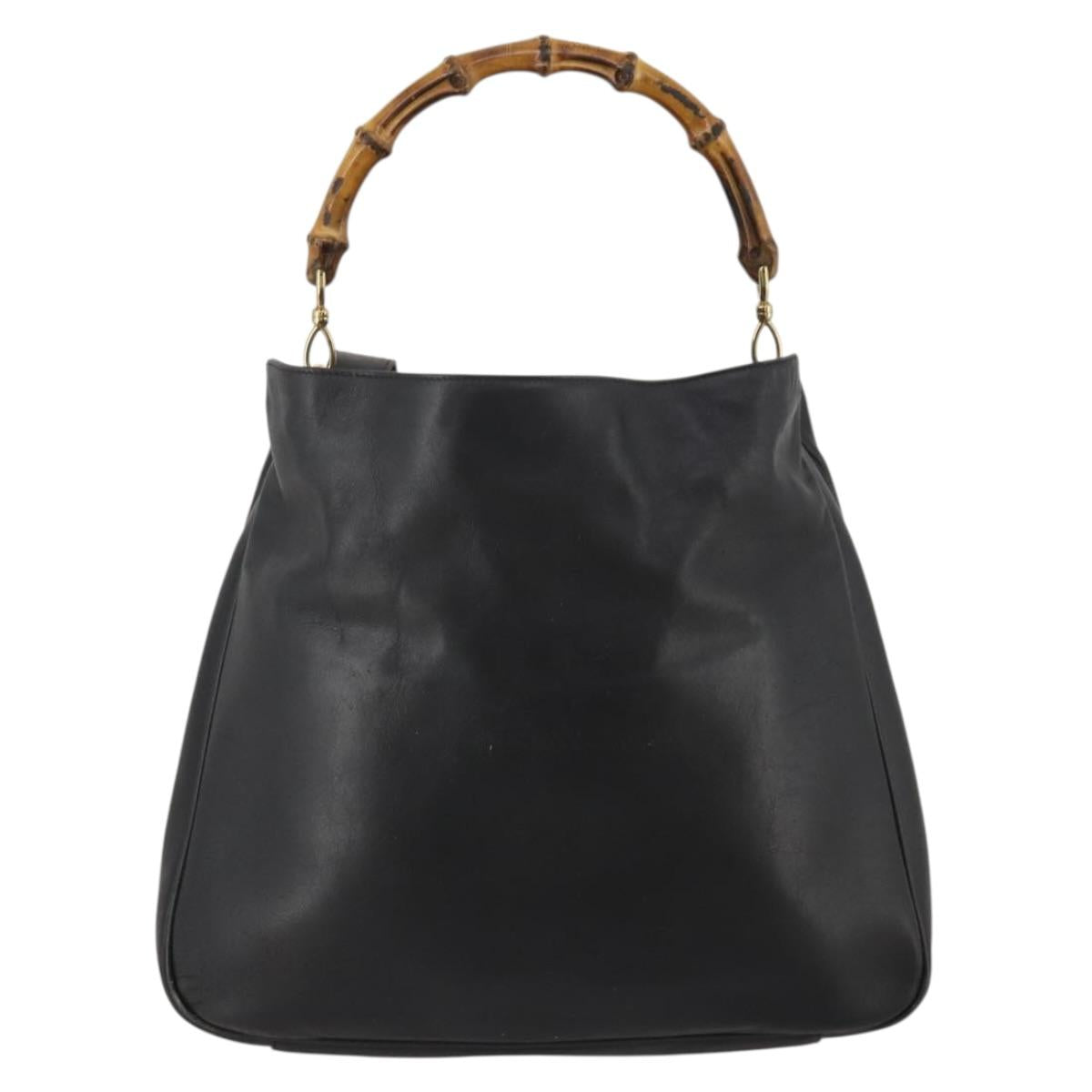GUCCI Bamboo Hand Bag Leather Black Gold Tone Auth ep15679