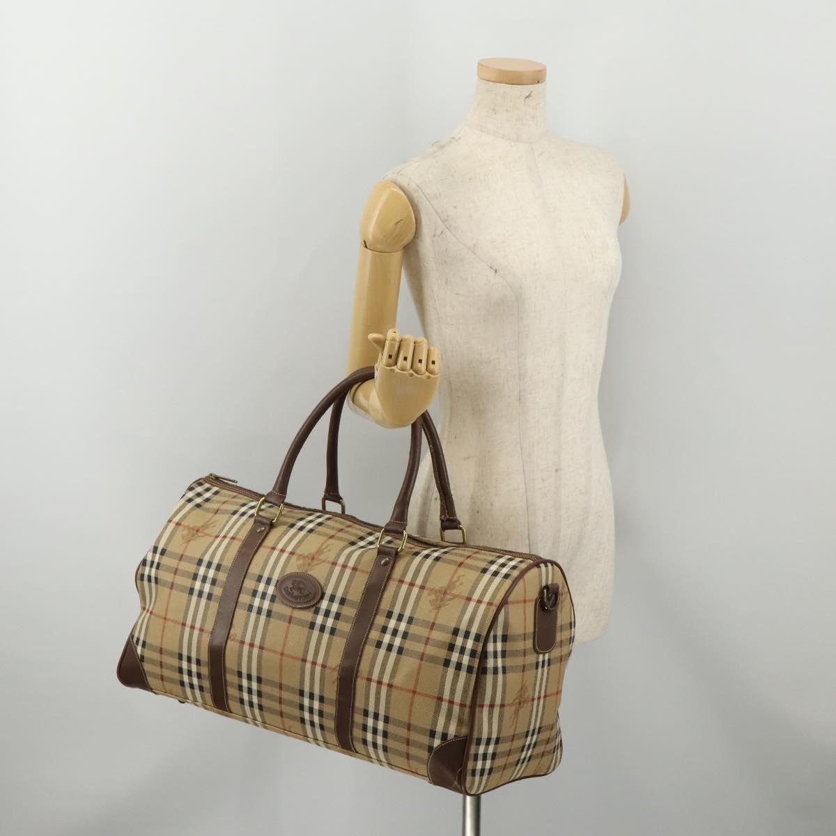Burberrys Nova Check Boston Bag PVC Leather Beige Gold Tone Auth ep15687