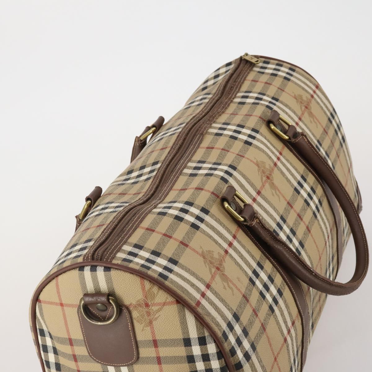 Burberrys Nova Check Boston Bag PVC Leather Beige Gold Tone Auth ep15687