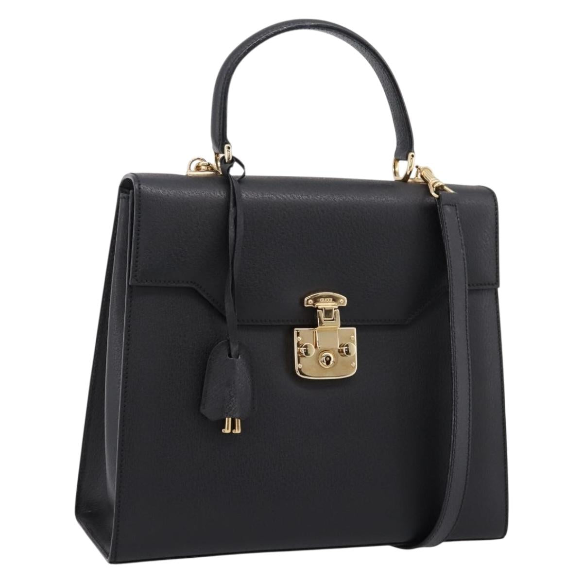 GUCCI Hand Bag Leather 2way Black Gold Tone Auth ep15699V