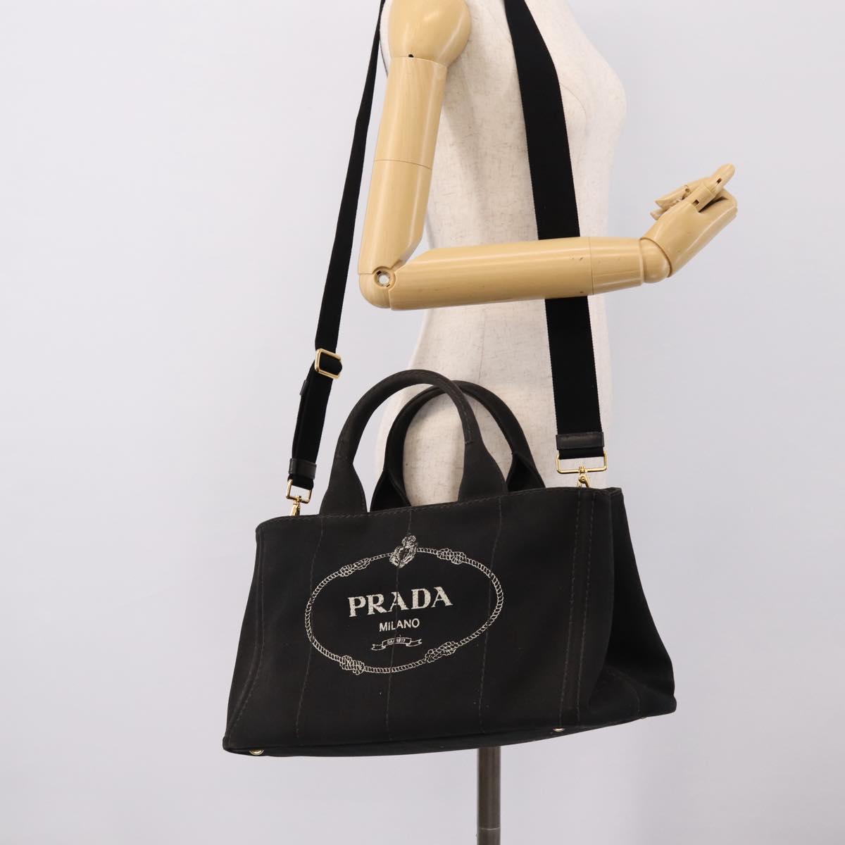 PRADA Canapa MM Hand Bag Canvas 2way Black Gold Tone Auth ep15718