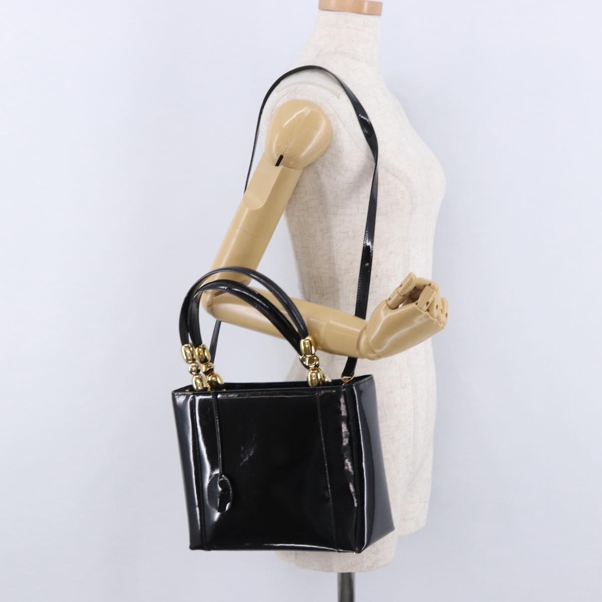 Christian Dior Maris Pearl Hand Bag Patent 2way Black Gold Tone Auth ep15753A