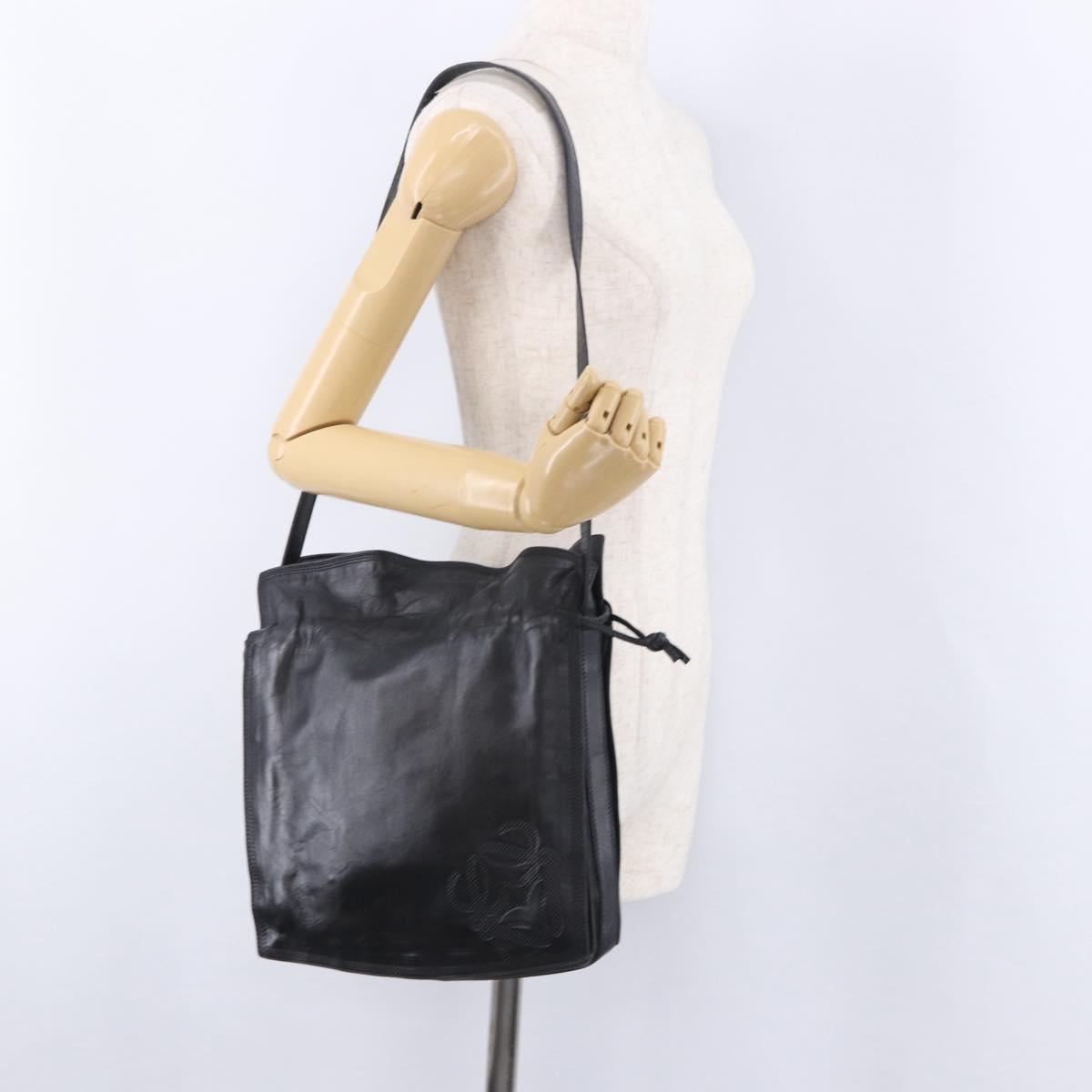 LOEWE Anagram Shoulder Bag Leather Black Gold Tone Auth ep15773