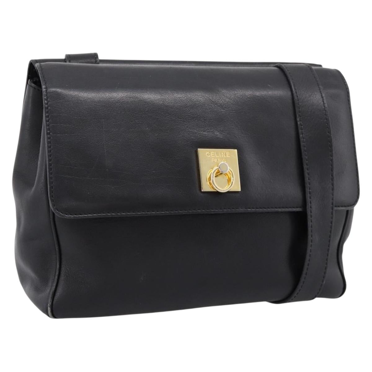 CELINE Shoulder Bag Leather Black Gold Tone Auth ep15804