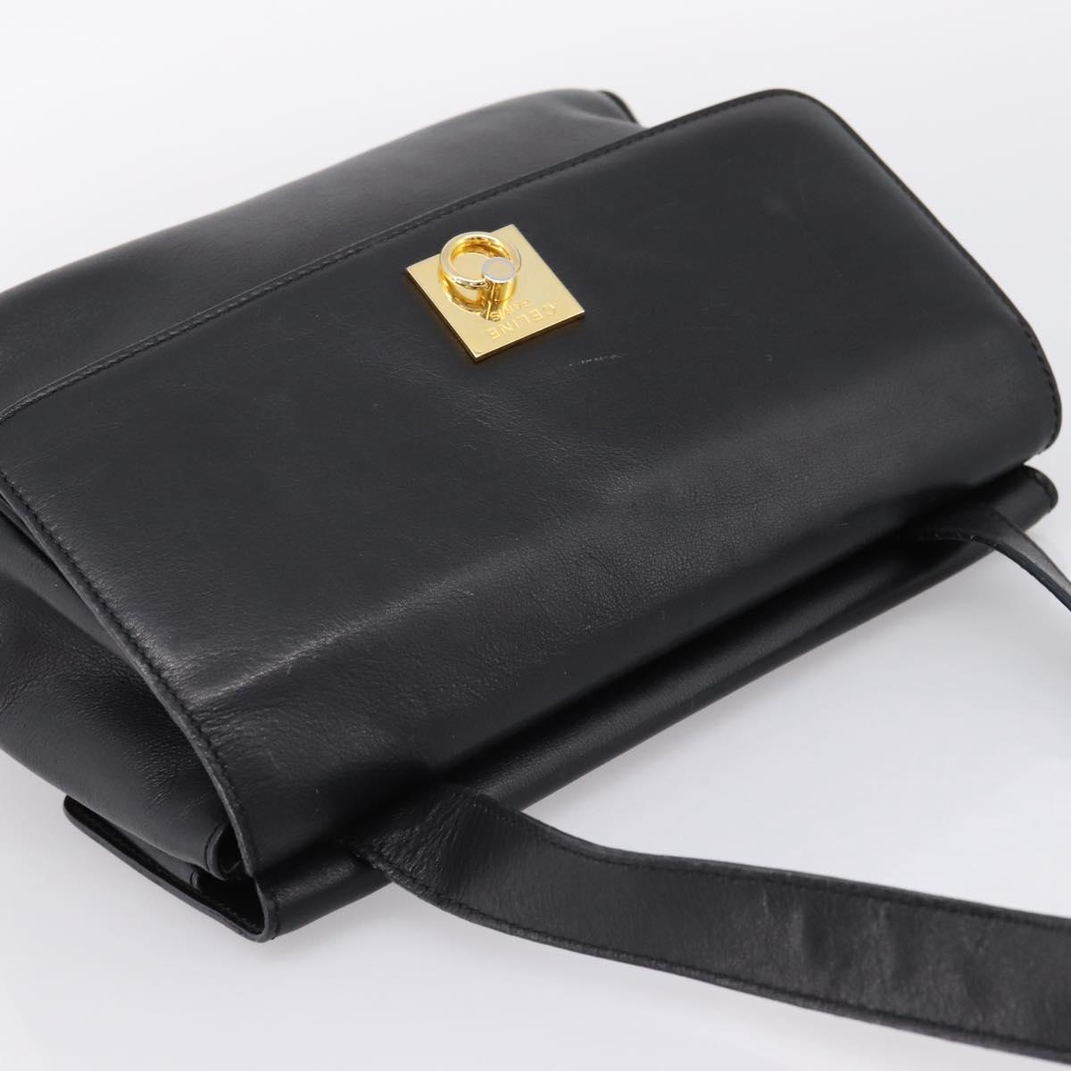 CELINE Shoulder Bag Leather Black Gold Tone Auth ep15804