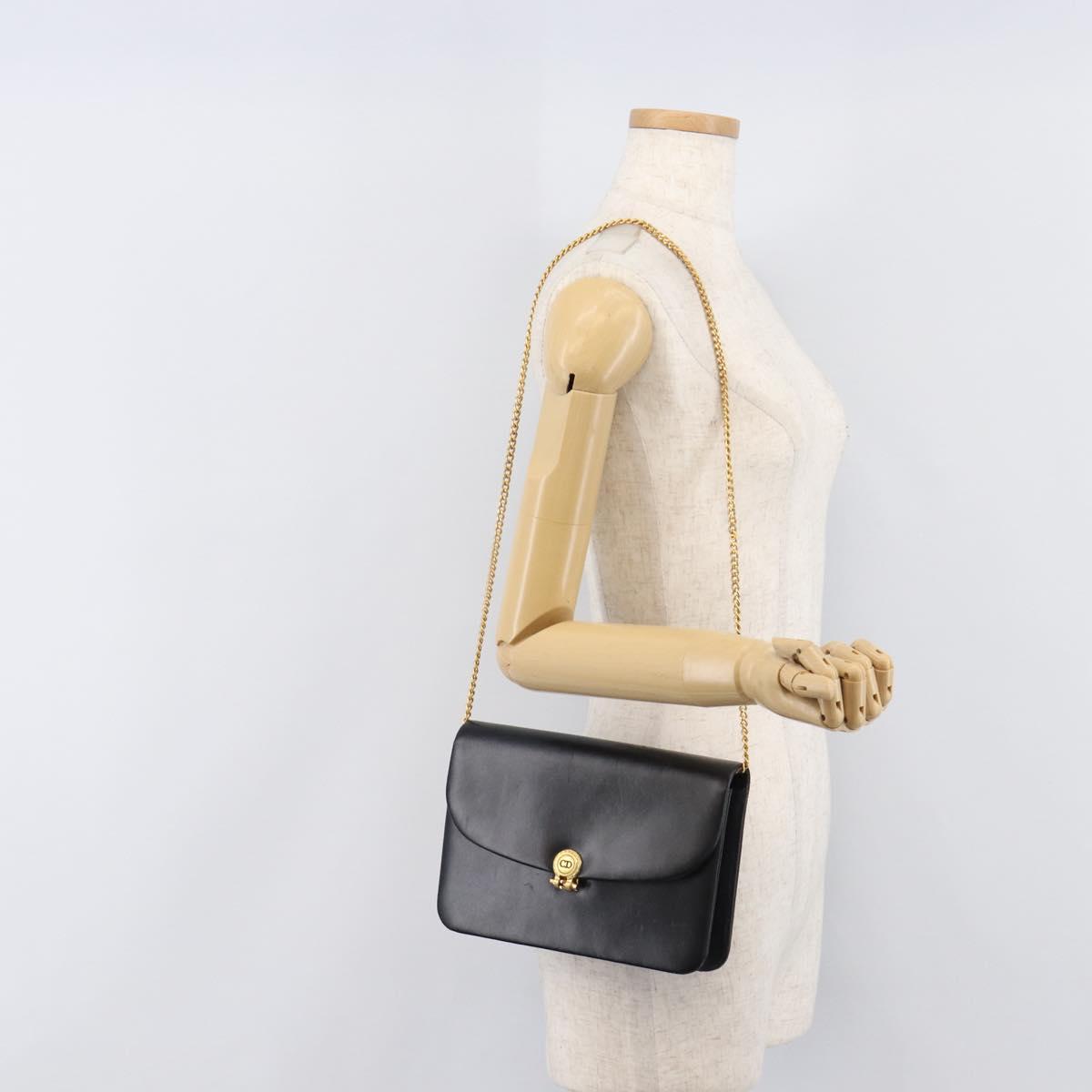 Christian Dior Chain Shoulder Bag Leather Black Gold Auth ep15864