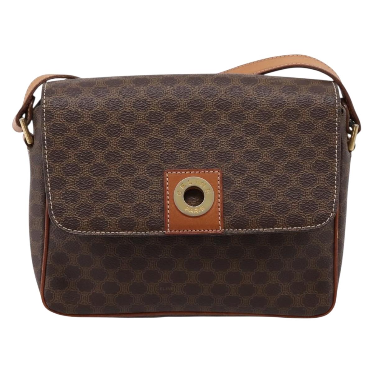 CELINE Macadam Canvas Shoulder Bag PVC Leather Brown Gold Auth ep15895