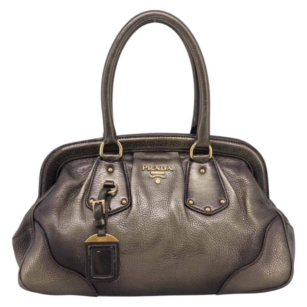 PRADA Hand Bag Leather Khaki Gold Auth ep15951