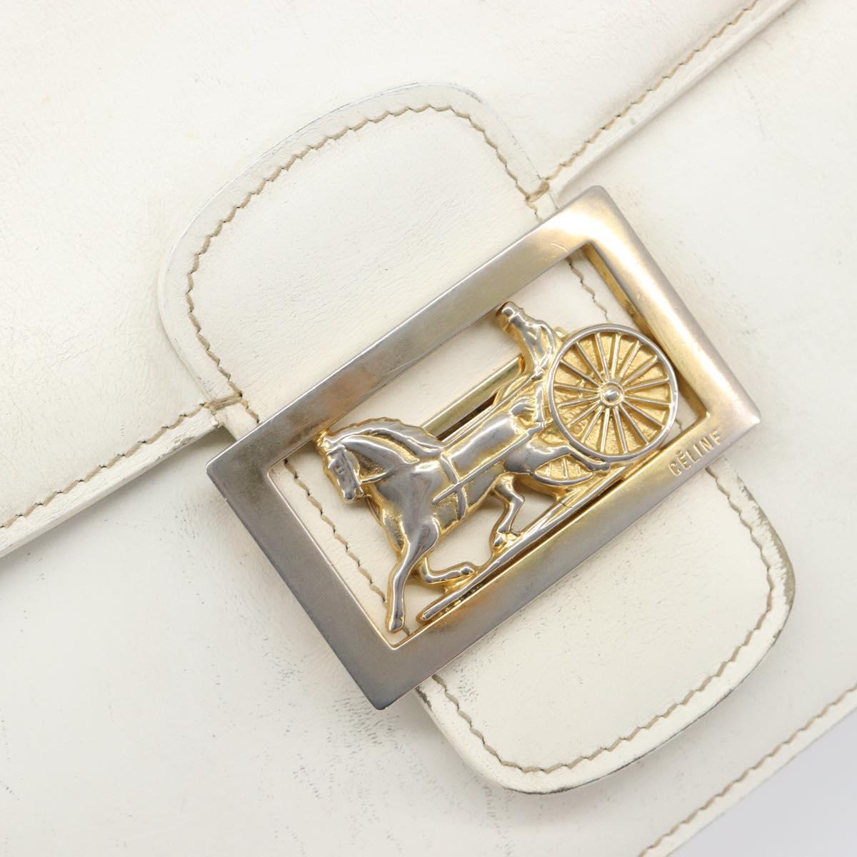 CELINE Shoulder Bag Leather White Gold Auth ep15980