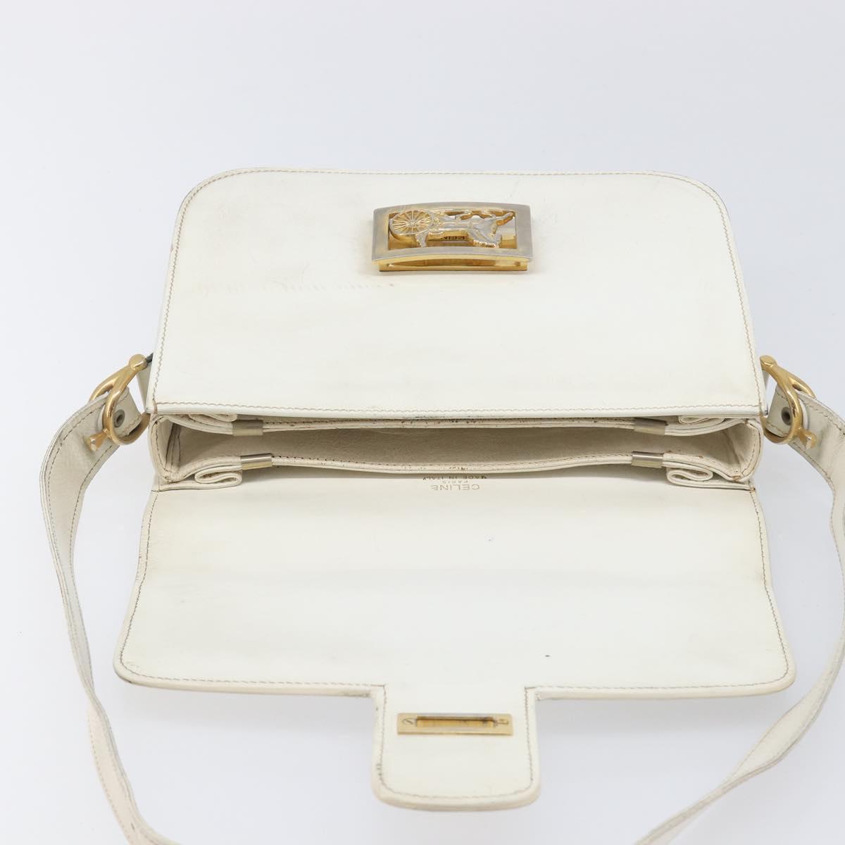 CELINE Shoulder Bag Leather White Gold Auth ep15980