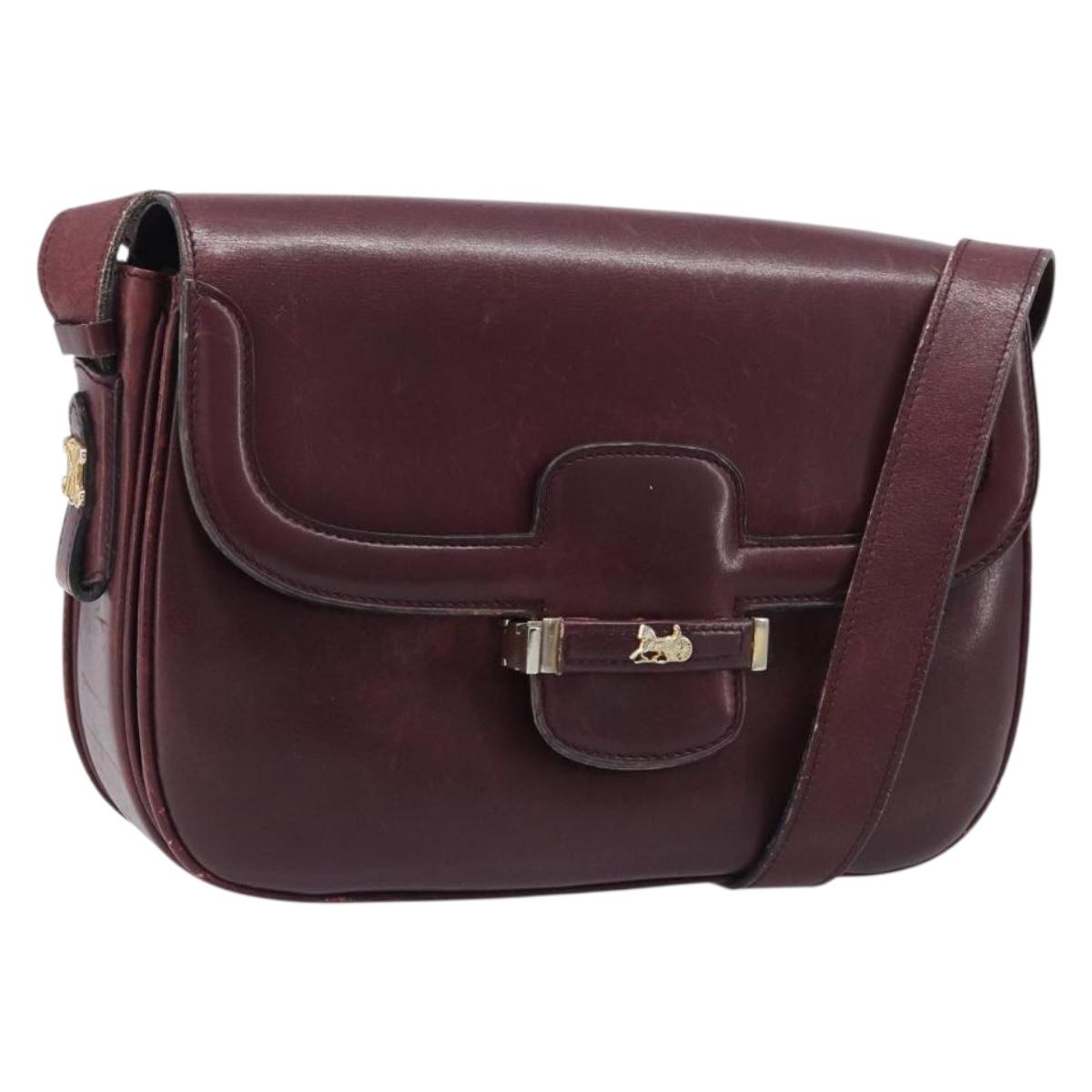 CELINE Shoulder Bag Leather Bordeaux Gold Auth ep15984