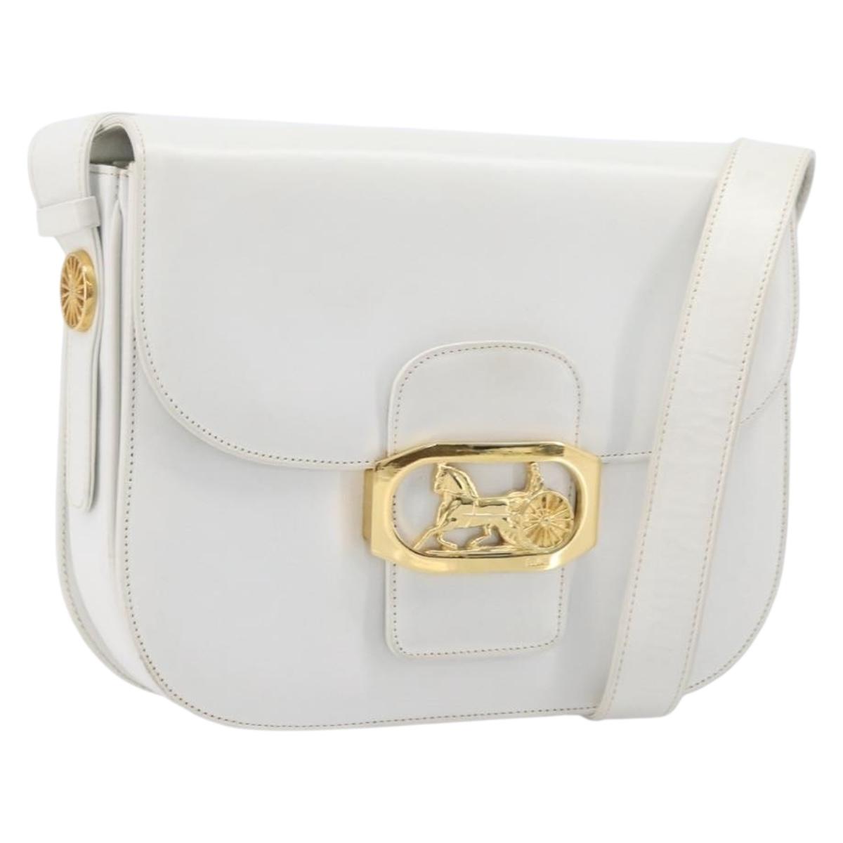 CELINE Shoulder Bag Leather White Gold Auth ep15998