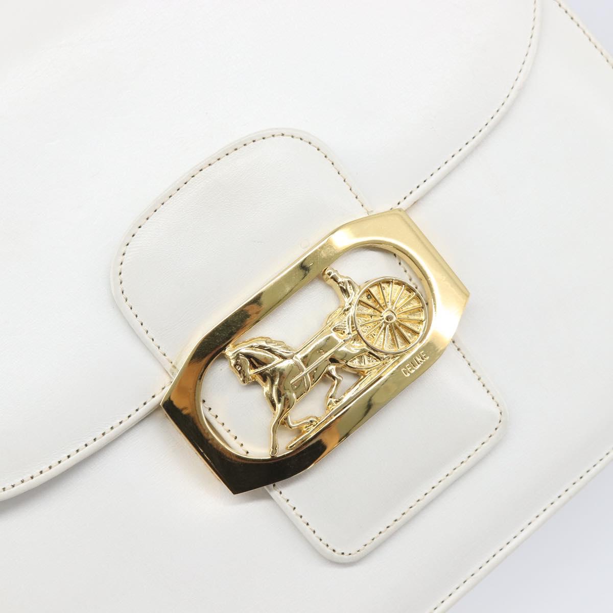 CELINE Shoulder Bag Leather White Gold Auth ep15998
