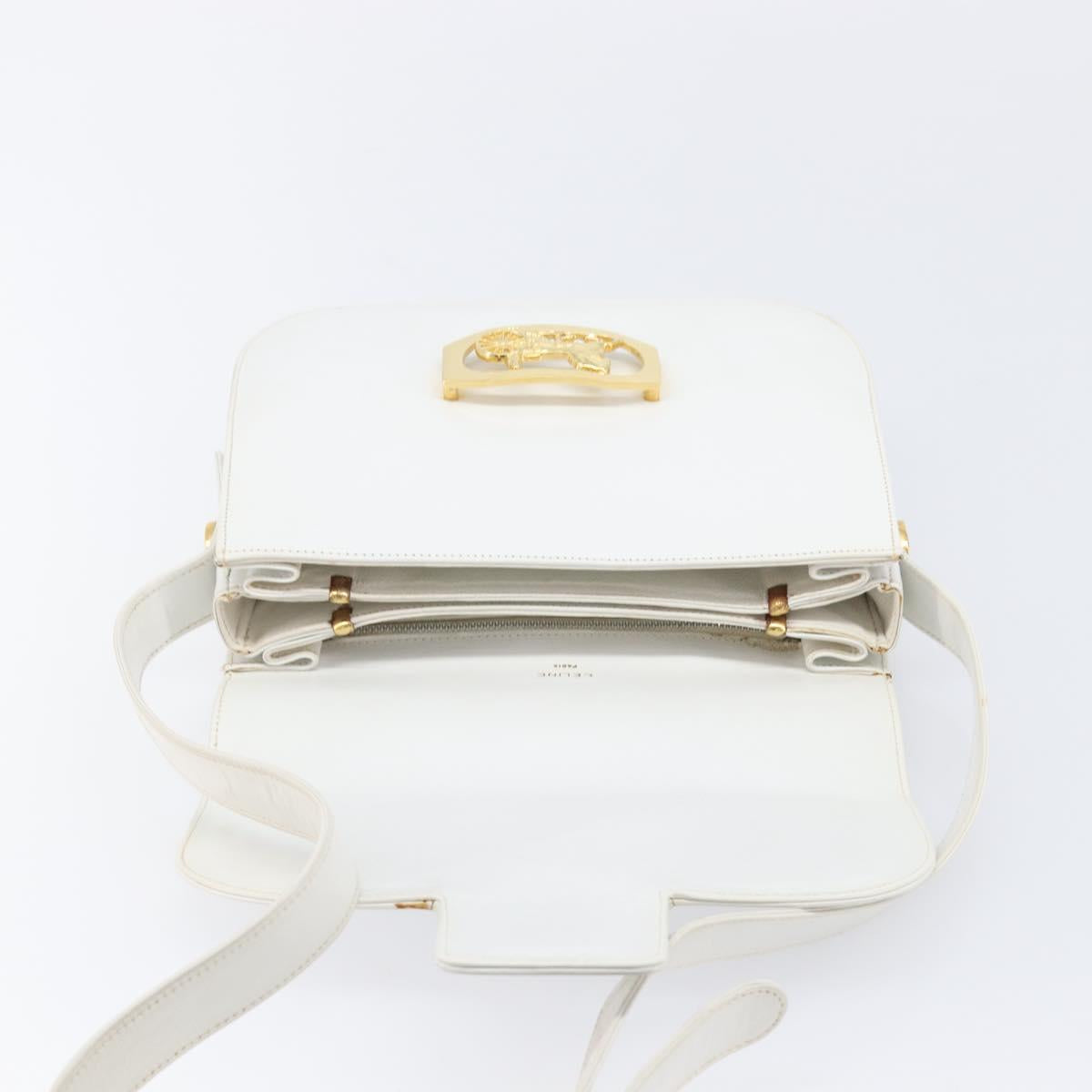 CELINE Shoulder Bag Leather White Gold Auth ep15998