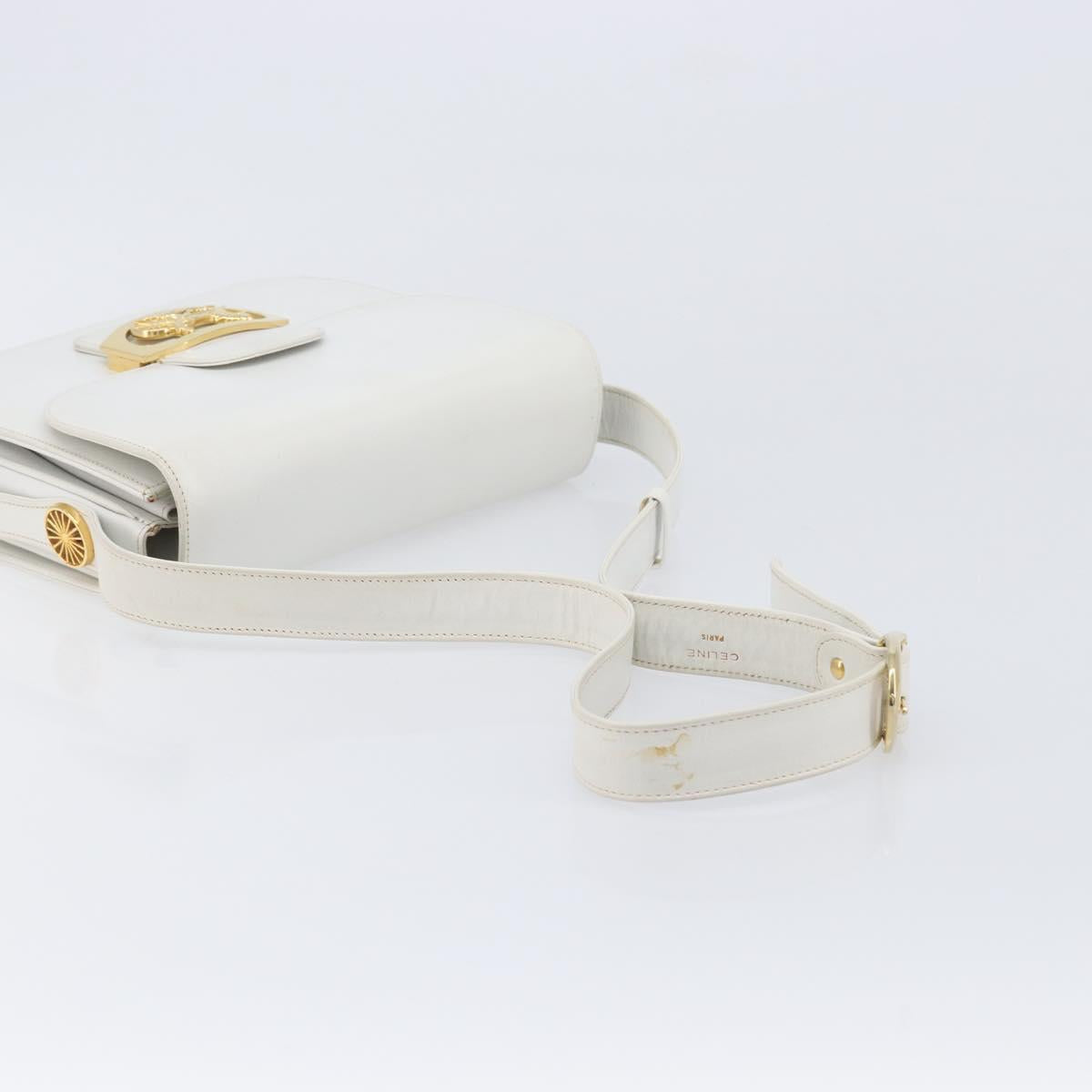 CELINE Shoulder Bag Leather White Gold Auth ep15998