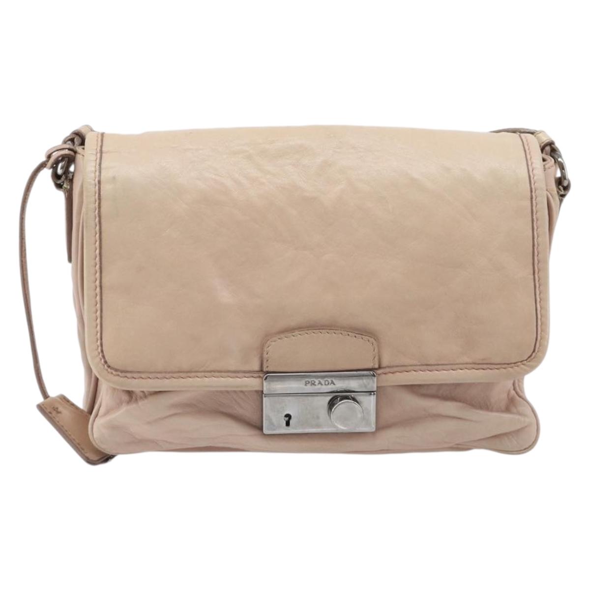 PRADA Shoulder Bag Leather Beige Silver Auth ep16017