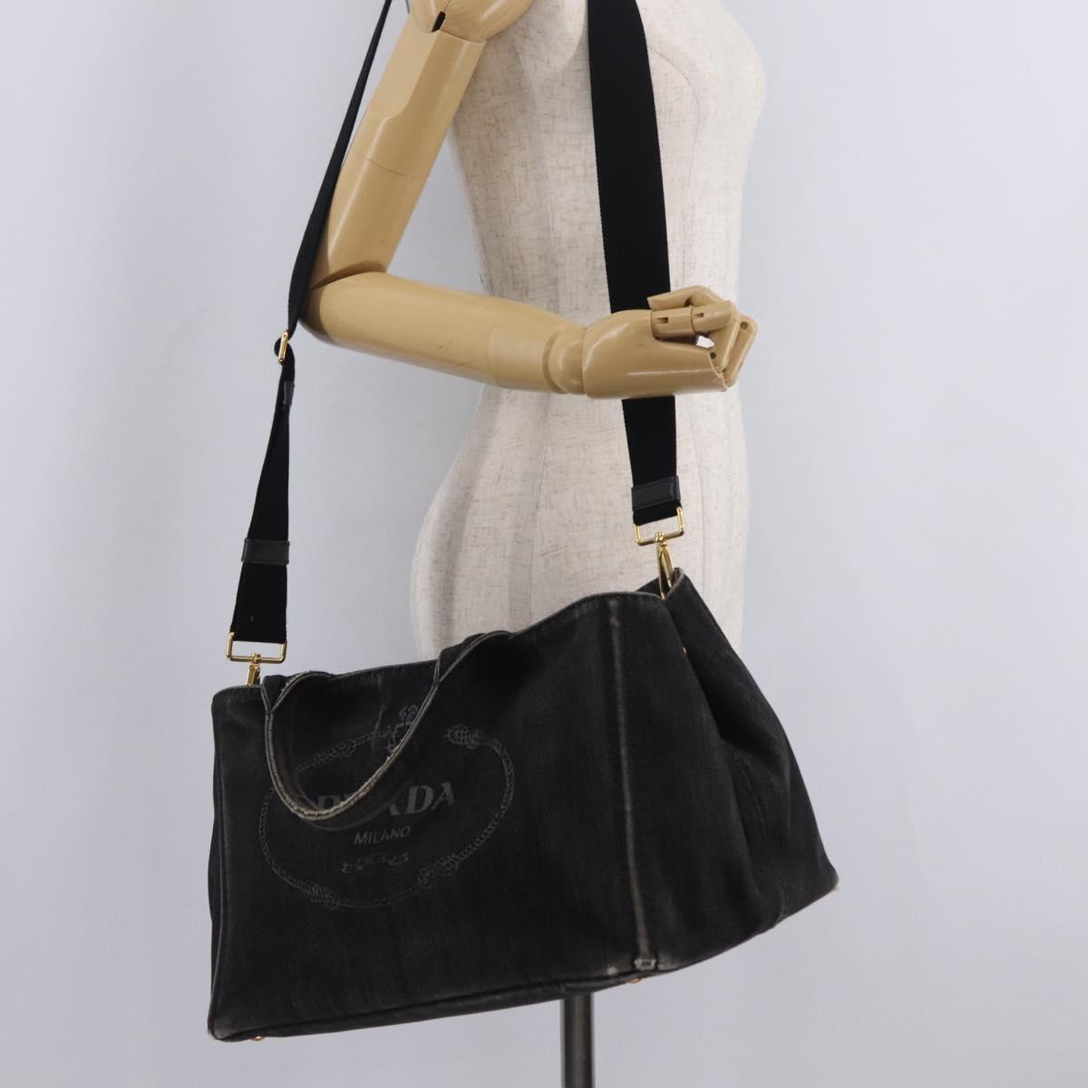 PRADA Canapa MM Hand Bag Canvas 2way Black Gold Auth ep16090