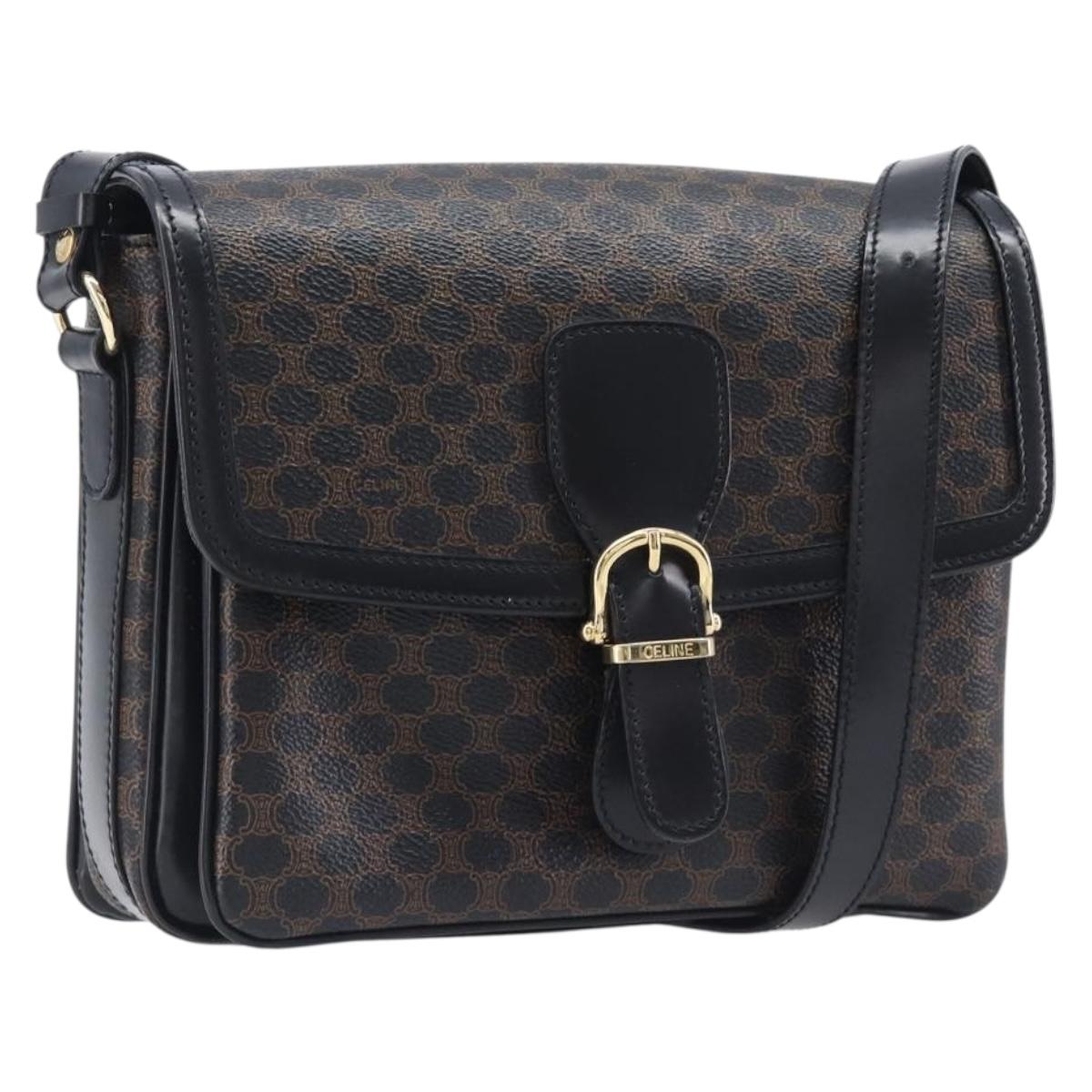 CELINE Macadam Canvas Shoulder Bag PVC Leather Black Gold Auth ep16100