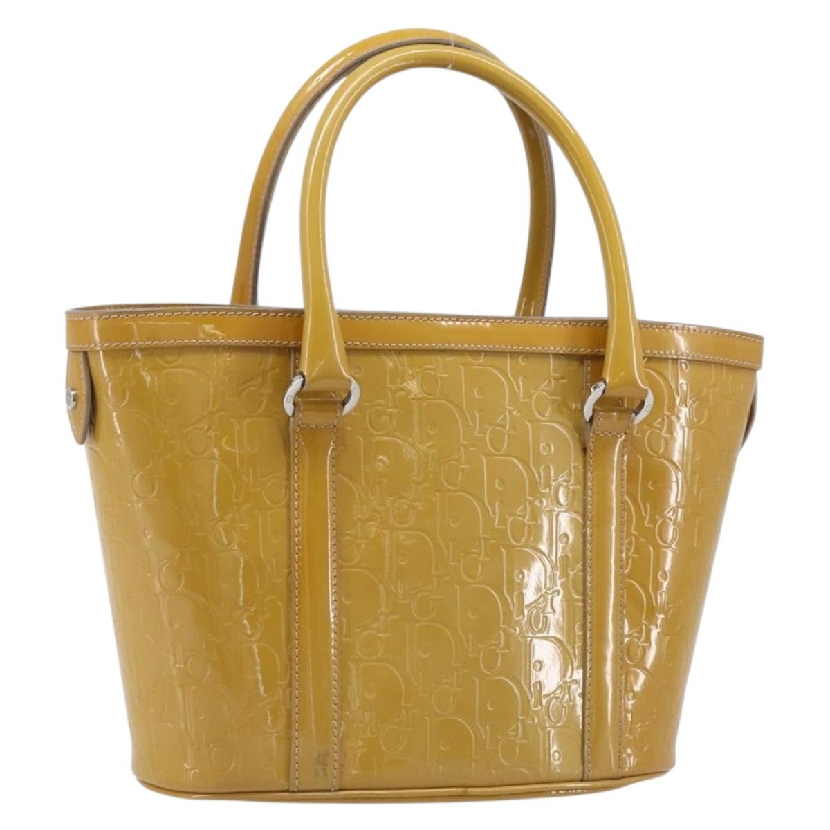 Christian Dior Trotter Canvas Hand Bag Patent leather Beige Silver Auth ep16107