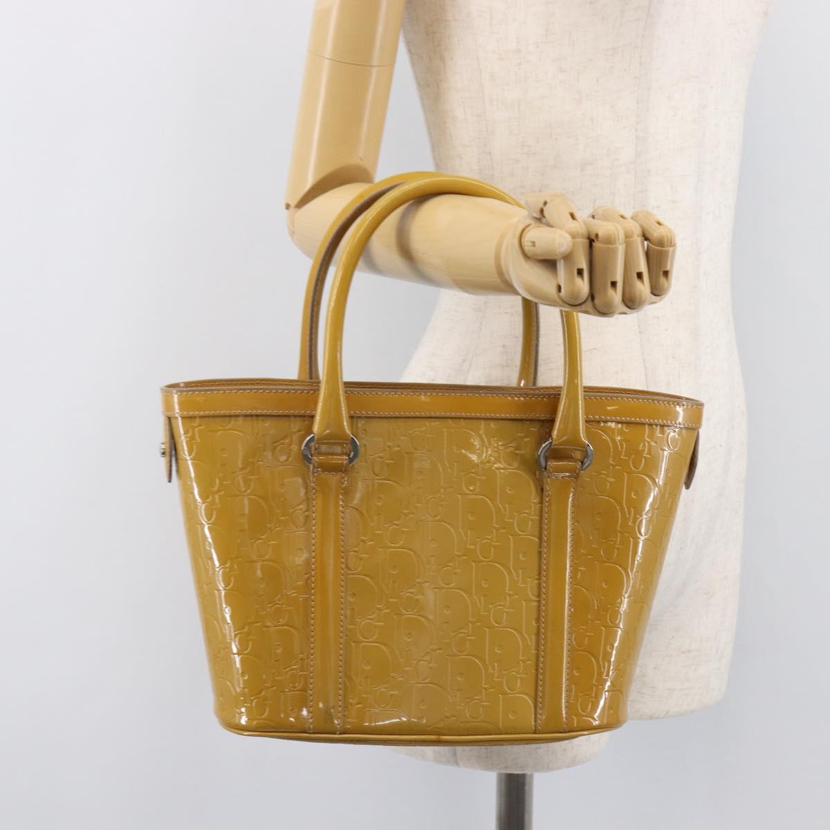 Christian Dior Trotter Canvas Hand Bag Patent leather Beige Silver Auth ep16107