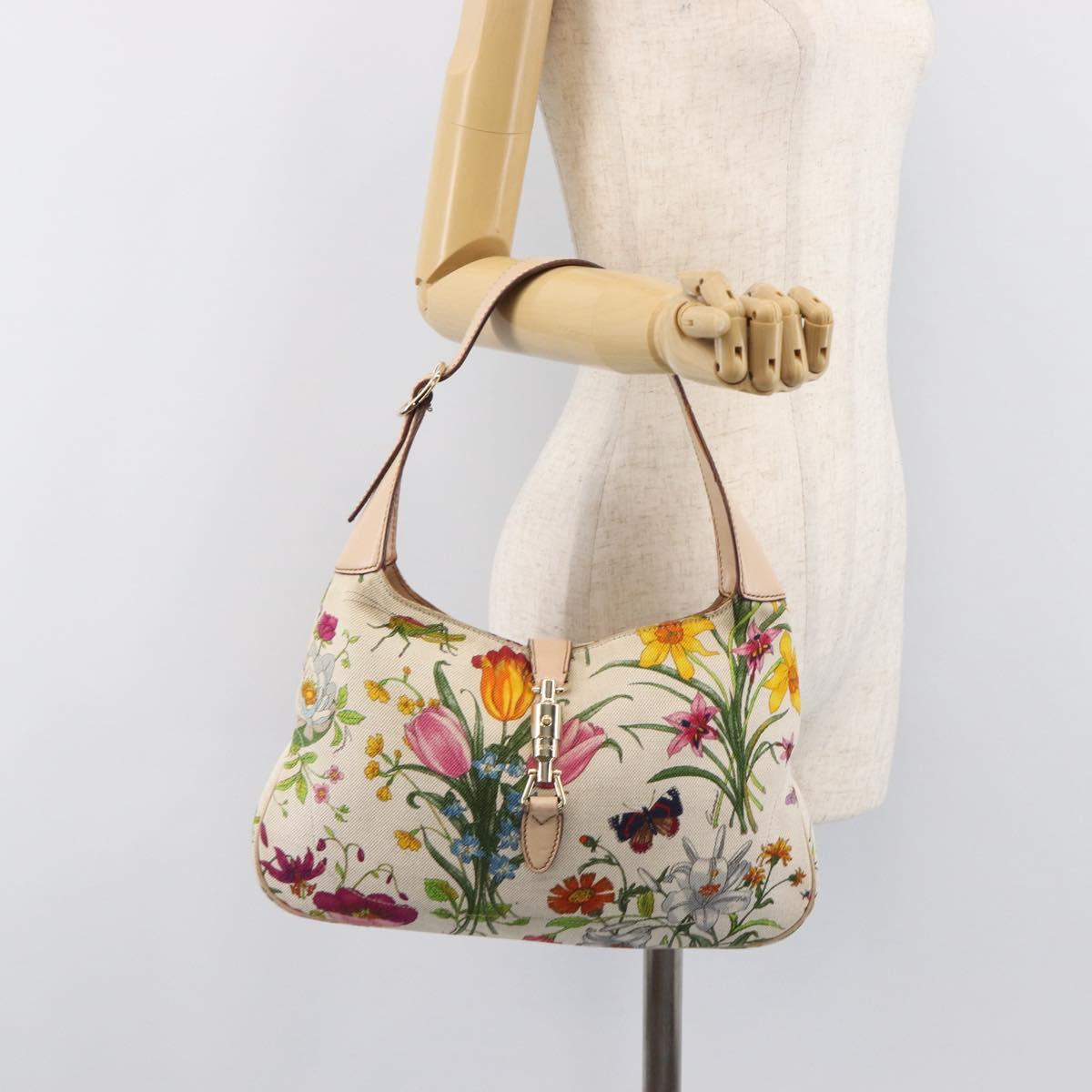 GUCCI Jackie Flora Shoulder Bag Canvas Beige Gold 137335 Auth ep16112