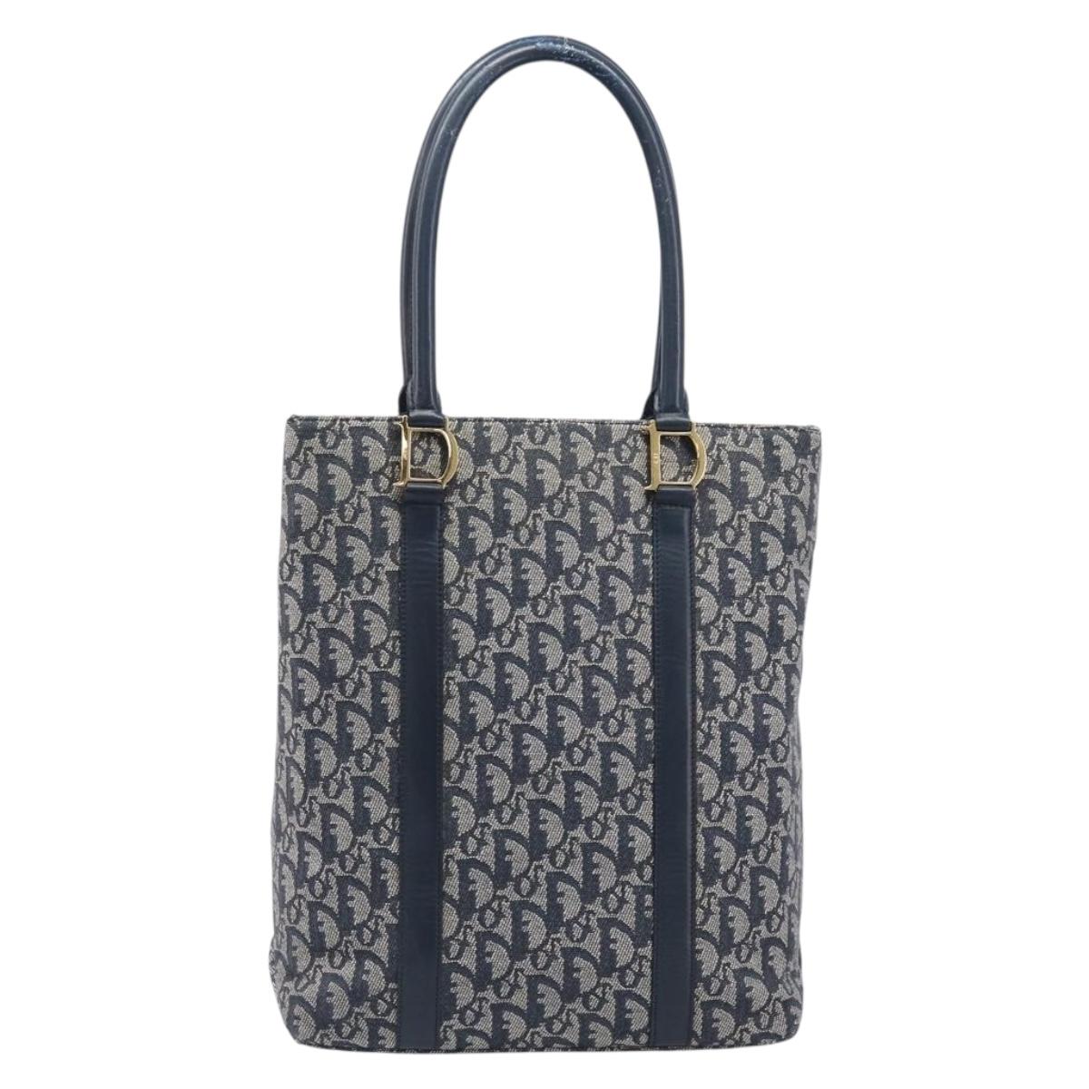 Christian Dior Trotter Canvas Hand Bag Navy Gold Auth ep16121