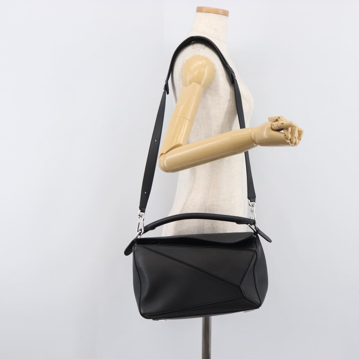 LOEWE Puzzle Bag Hand Bag Leather 2way Black Silver Auth ep16128M