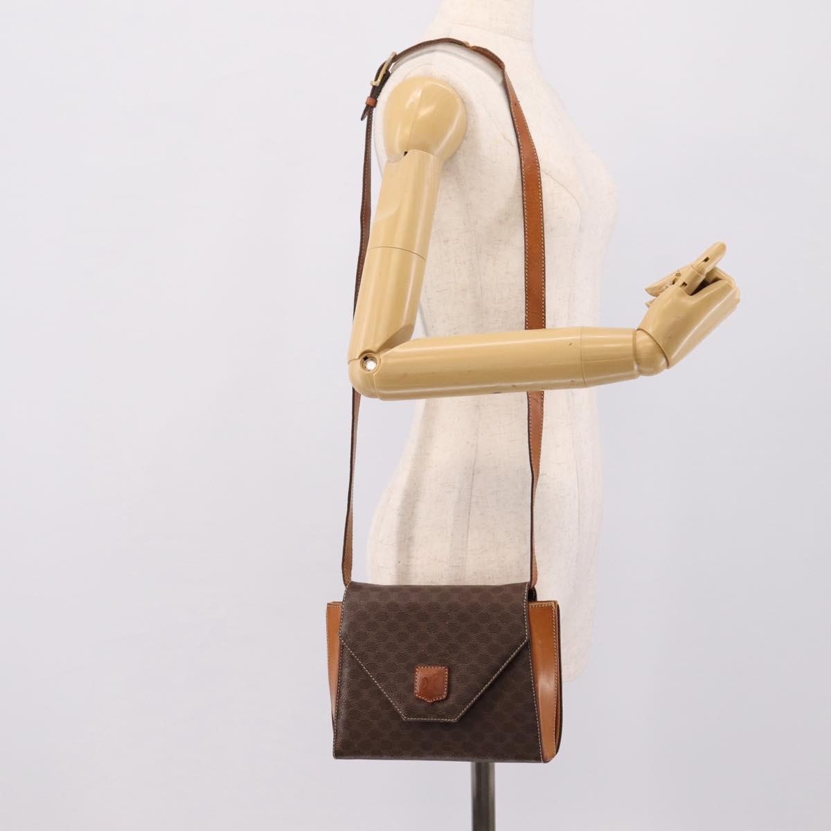 CELINE Macadam Canvas Shoulder Bag PVC Leather Brown Gold Auth ep16182