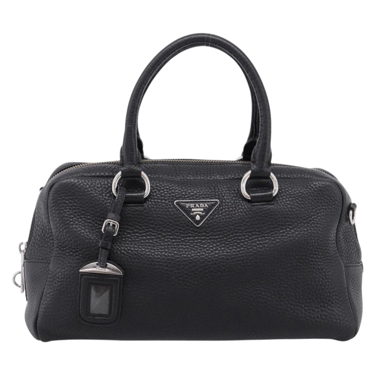 PRADA Hand Bag Leather Black Silver Auth ep16195A