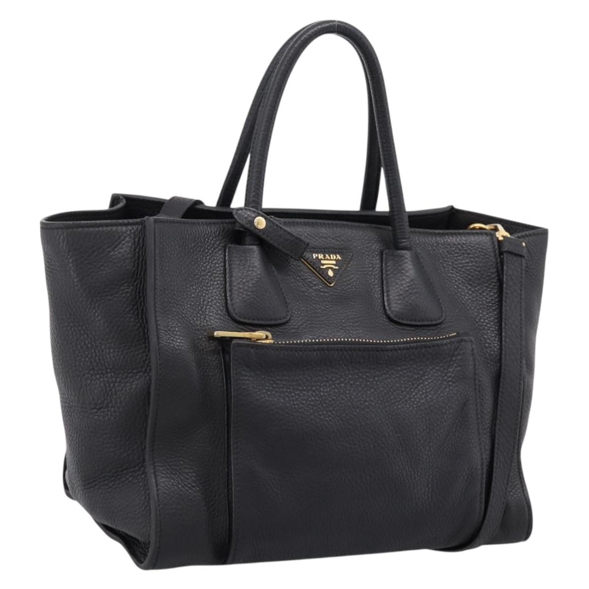 PRADA Hand Bag Leather 2way Black Gold Auth ep16198V