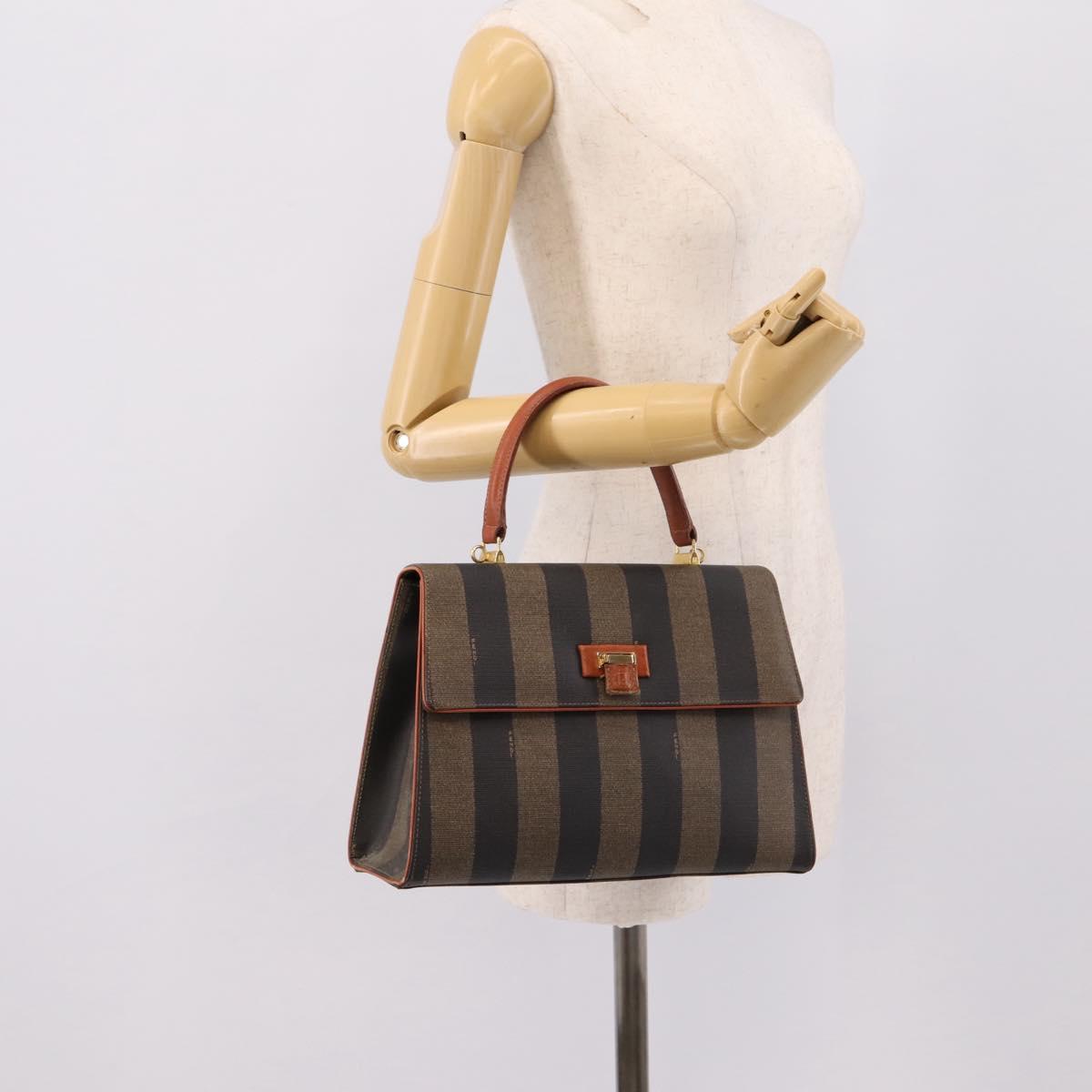 FENDI Pecan Canvas Hand Bag PVC Black Brown Auth ep16222