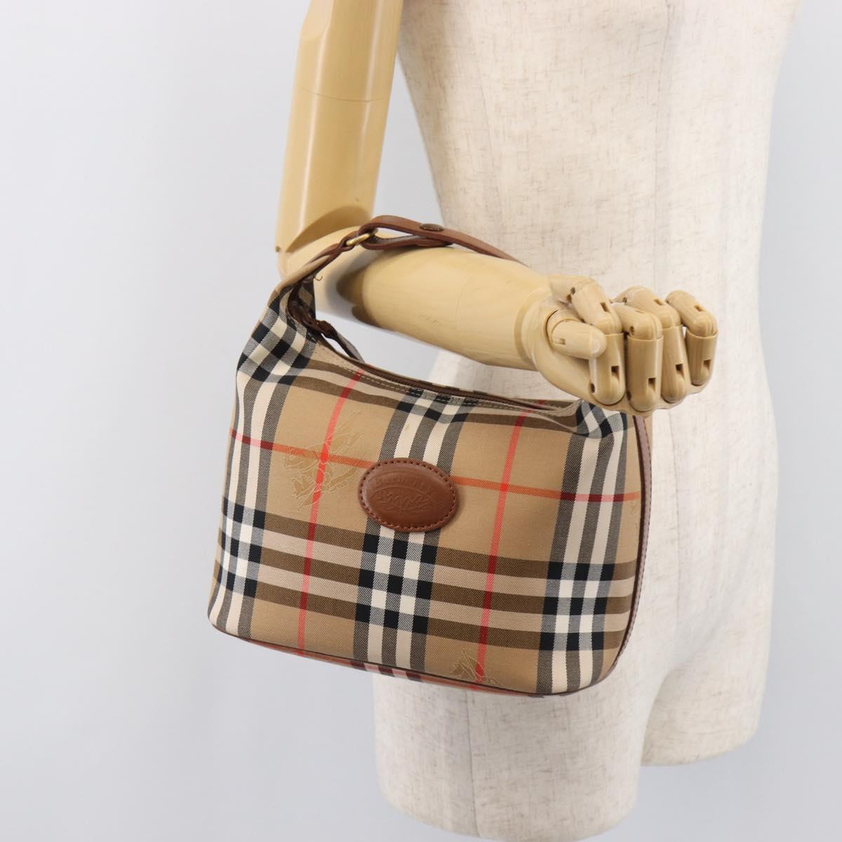 Burberrys Nova Check Hand Bag Canvas Beige Gold Auth ep16229