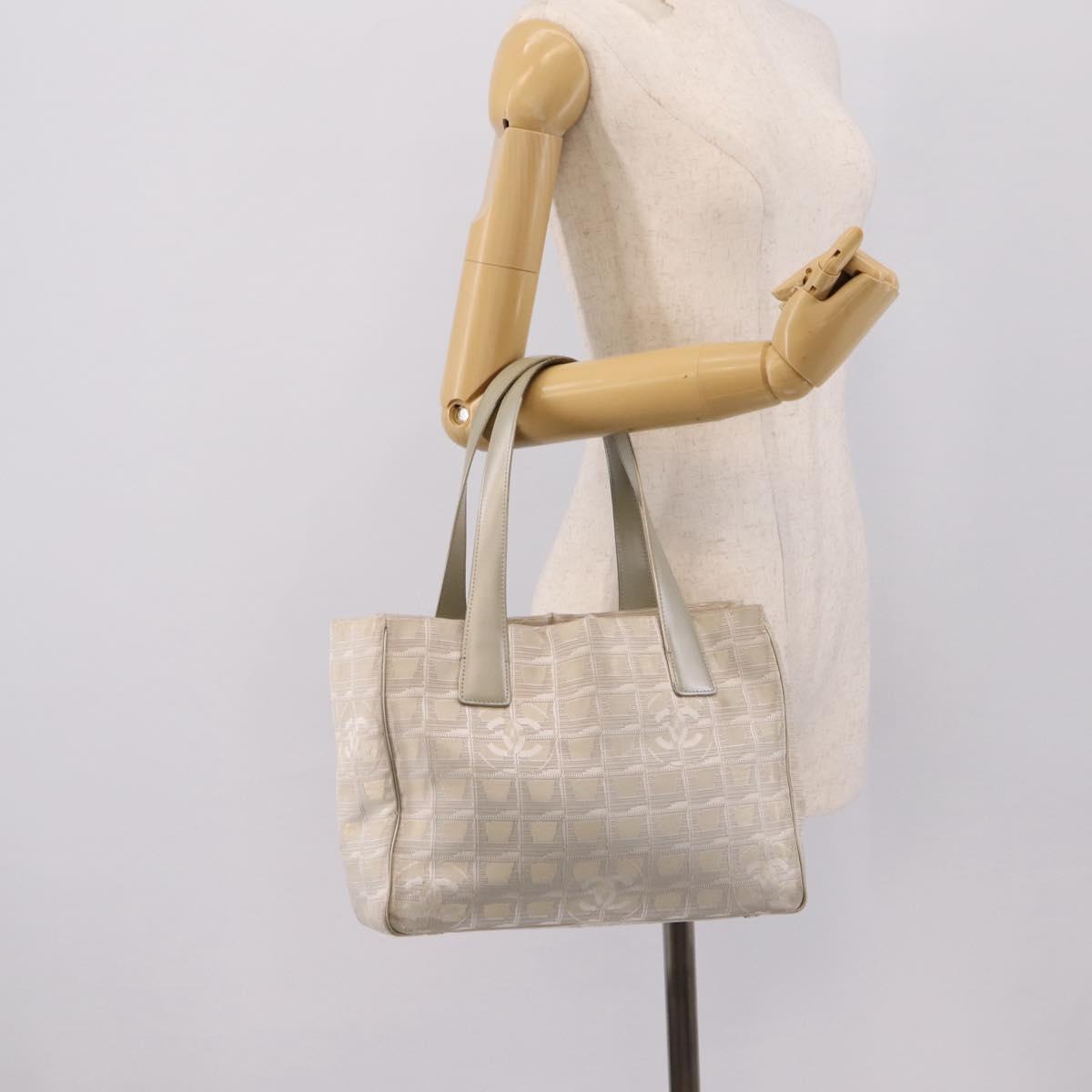 CHANEL New Travel Line Tote Bag Canvas Beige Silver CC Auth ep16230