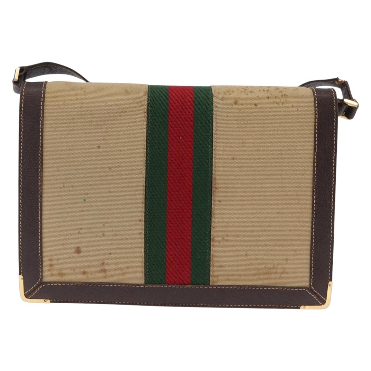 GUCCI Web Sherry Line Shoulder Bag Canvas Beige Gold Auth ep16256