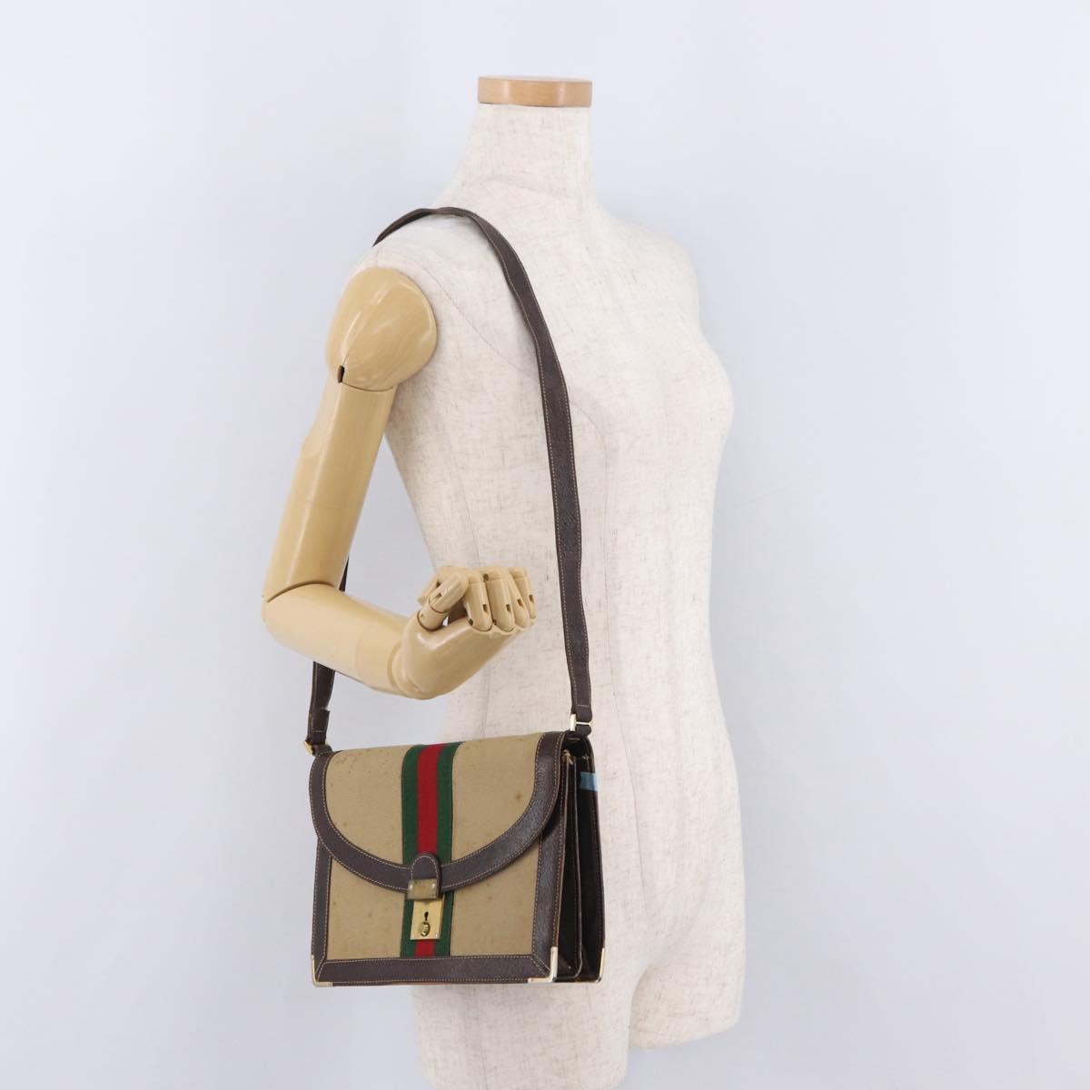 GUCCI Web Sherry Line Shoulder Bag Canvas Beige Gold Auth ep16256