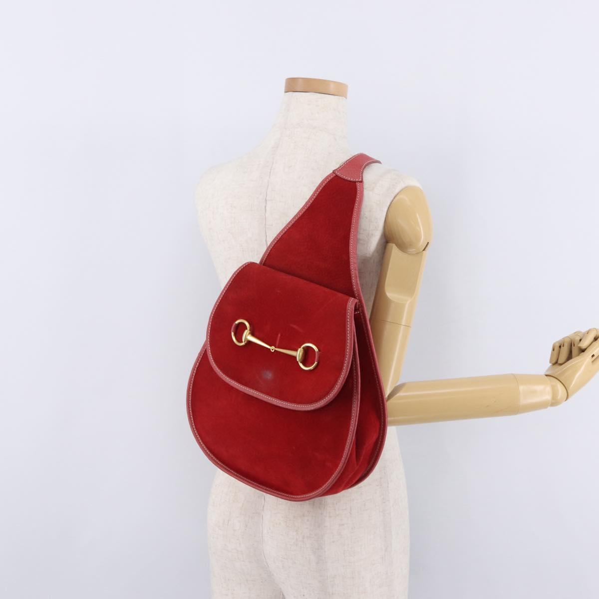 GUCCI Horsebit Shoulder Bag Suede Red Gold 003 2113 0034 Auth ep16294A